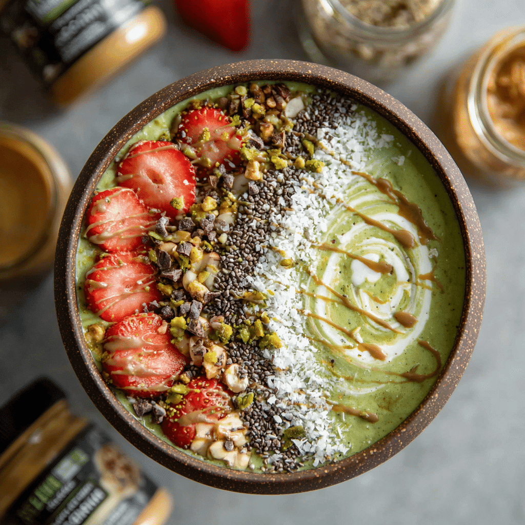 Matcha Smoothie Bowl: Energizing, Easy & Full of Flavor 6 close-up matcha smoothie bowl with flavor boosters and toppings