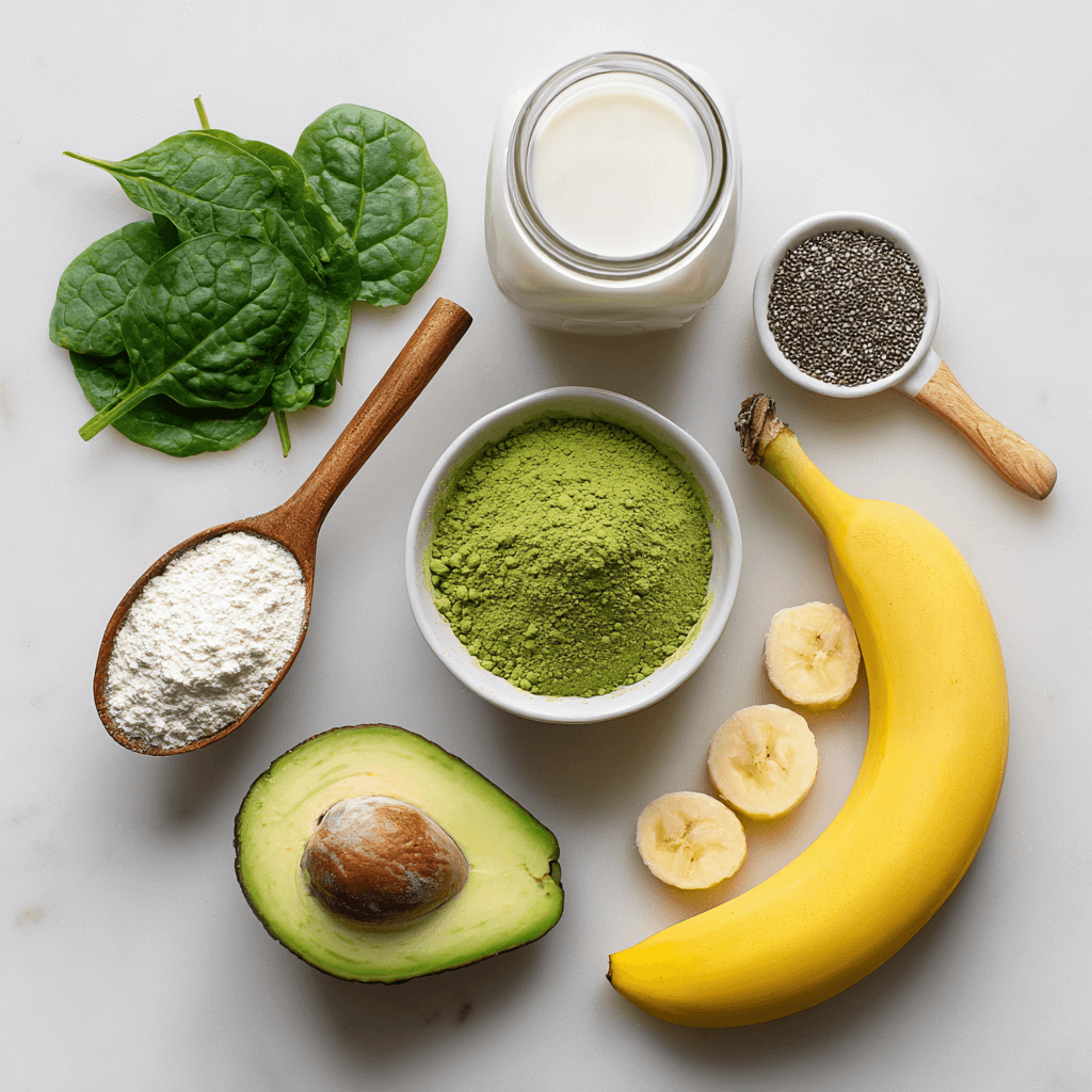 Matcha Smoothie Bowl: Energizing, Easy & Full of Flavor 5 matcha smoothie bowl ingredients laid out individually on clean surface