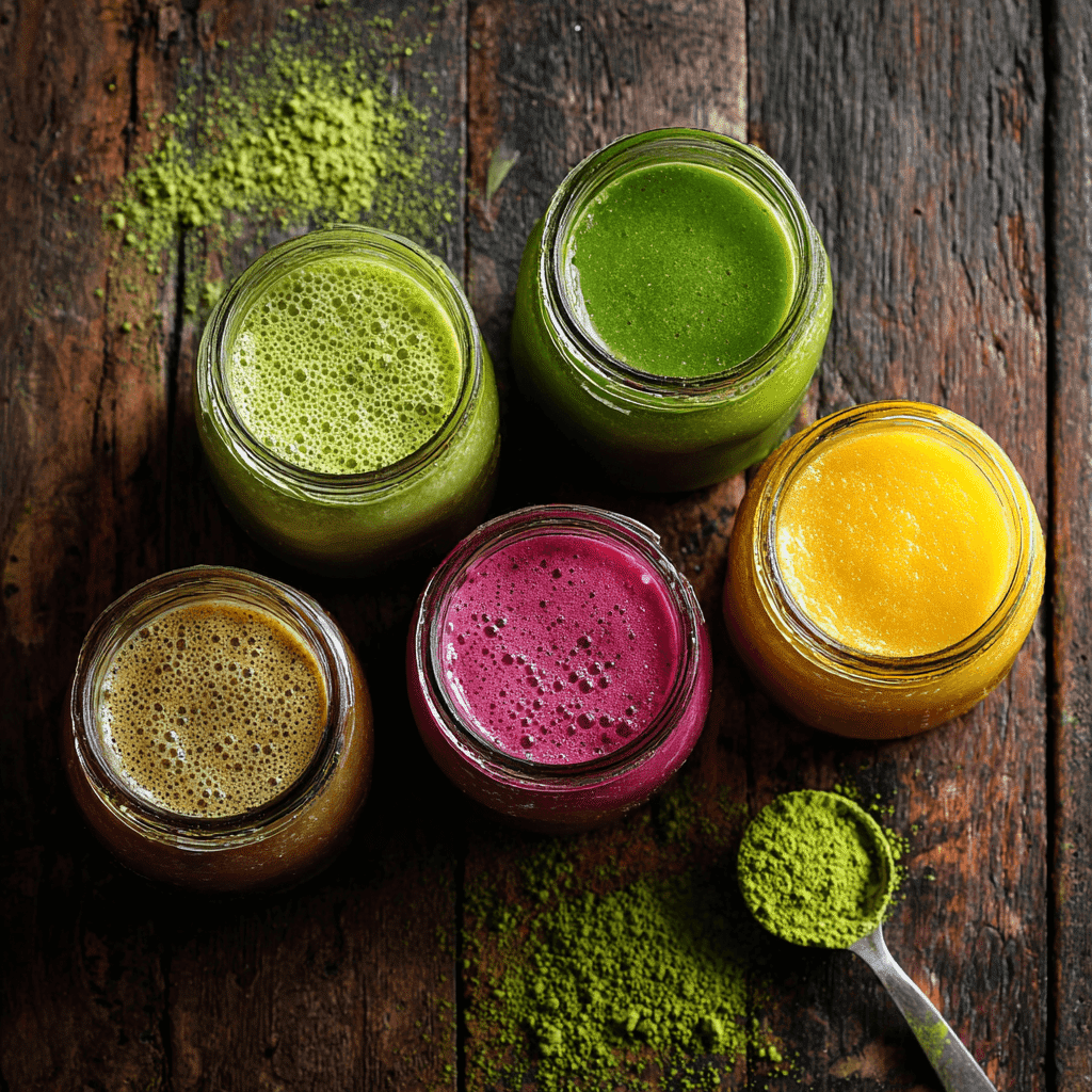 Five colorful matcha smoothie recipes on a wooden table