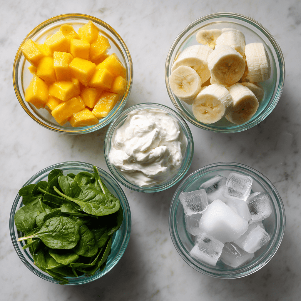 Panera Tropical Green Smoothie Recipe: Easy, Healthy, Delicious 4 Tropical green smoothie ingredients in glass bowls