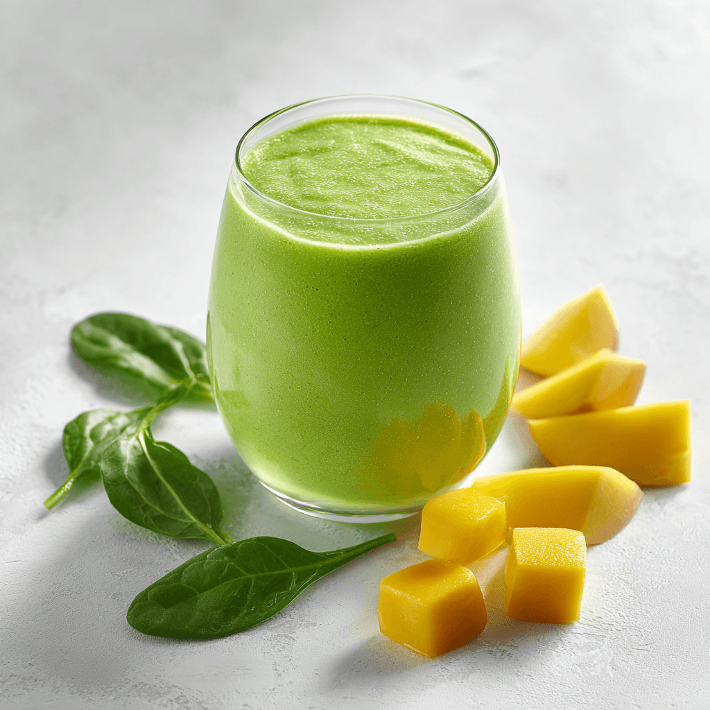 Panera Tropical Green Smoothie Recipe: Easy, Healthy, Delicious 3 Tropical green smoothie with mango and spinach on white