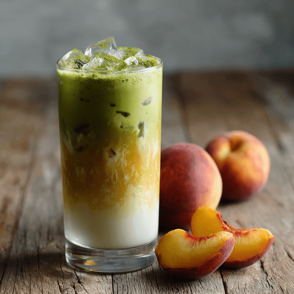 Peach Matcha Latte: Refreshing, Healthy, and Easy to Make 6 Layered iced peach matcha latte in a tall glass with milk, peach, and matcha
