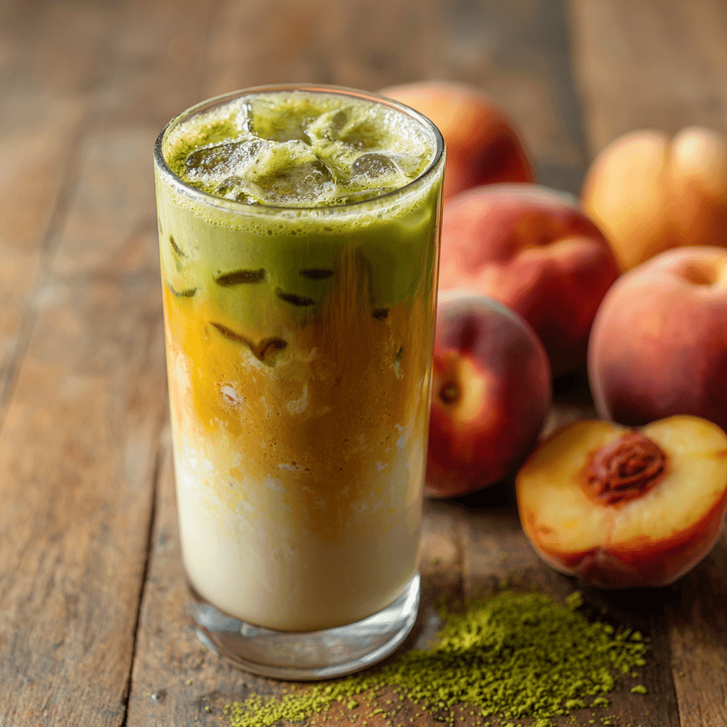 Peach Matcha Latte: Refreshing, Healthy, and Easy to Make 1 Iced peach matcha latte in a tall glass with milk, peach puree, and matcha layers