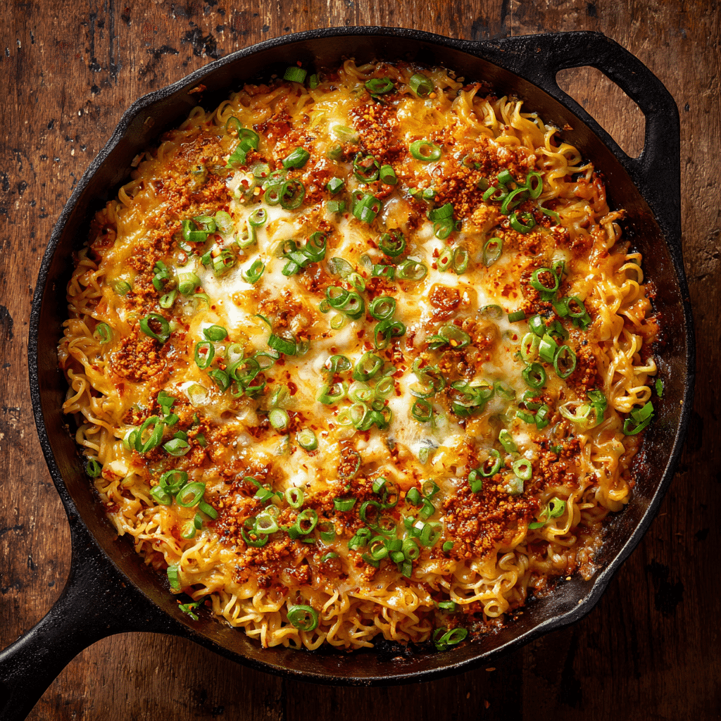 Spicy Ramen Lasagna: Bold Comfort Food You’ll Crave 1 Spicy ramen lasagna in cast iron skillet with chili flakes