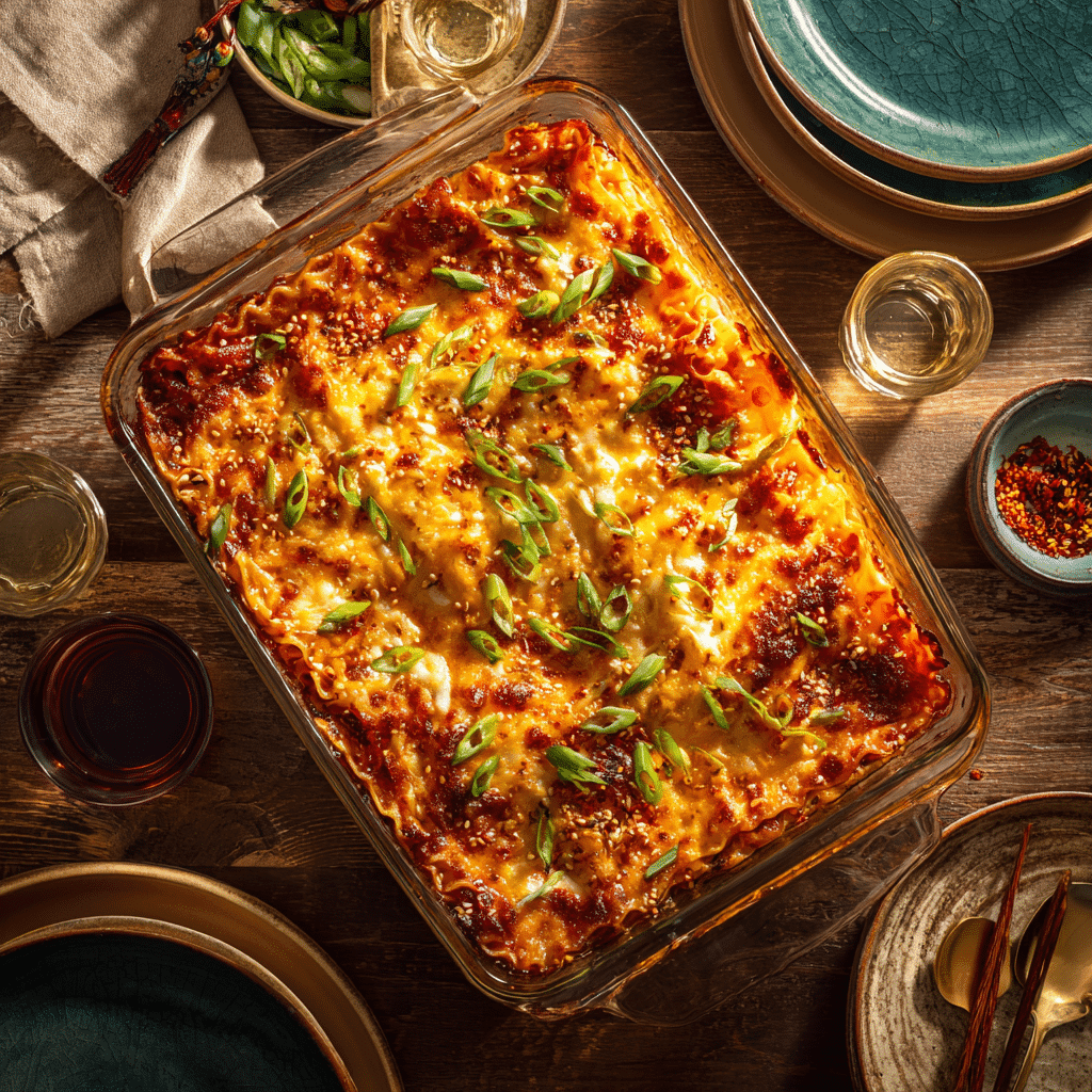 Spicy Ramen Lasagna: Bold Comfort Food You’ll Crave 6 Family-style table with spicy ramen lasagna served and shared