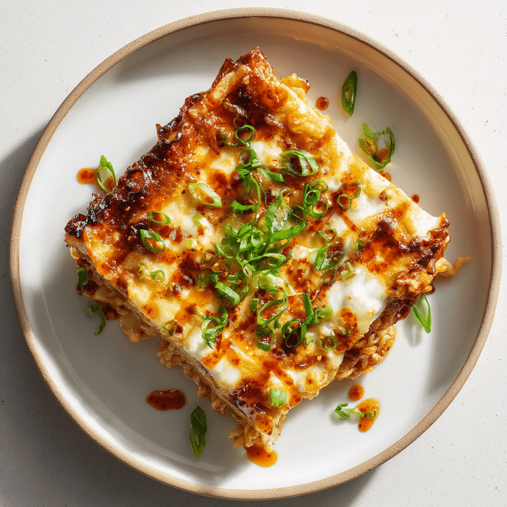 Spicy Ramen Lasagna: Bold Comfort Food You’ll Crave 3 Slice of spicy ramen lasagna on white plate with chili oil drizzle
