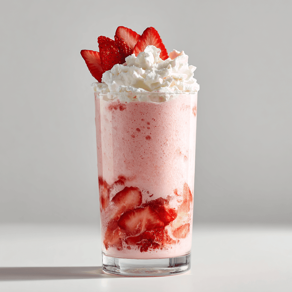 Strawberry cheesecake smoothie in tall glass with whipped cream