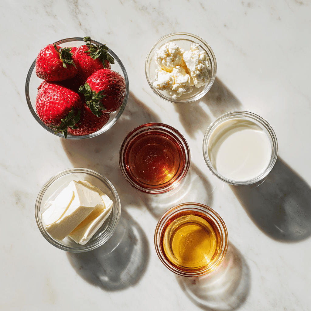 Strawberry Cheesecake Smoothie Recipe – Easy & Creamy Delight 4 Strawberry cheesecake smoothie ingredients in separate glass bowls