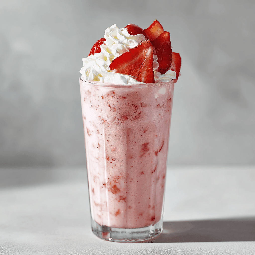 Strawberry Cheesecake Smoothie Recipe – Easy & Creamy Delight 5 Creamy strawberry cheesecake smoothie in tall glass with whipped topping