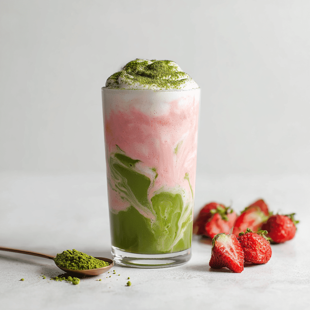Strawberry Matcha Smoothie: Creamy, Energizing, and Easy to Make 3 Strawberry matcha smoothie in a clear glass with clean white background
