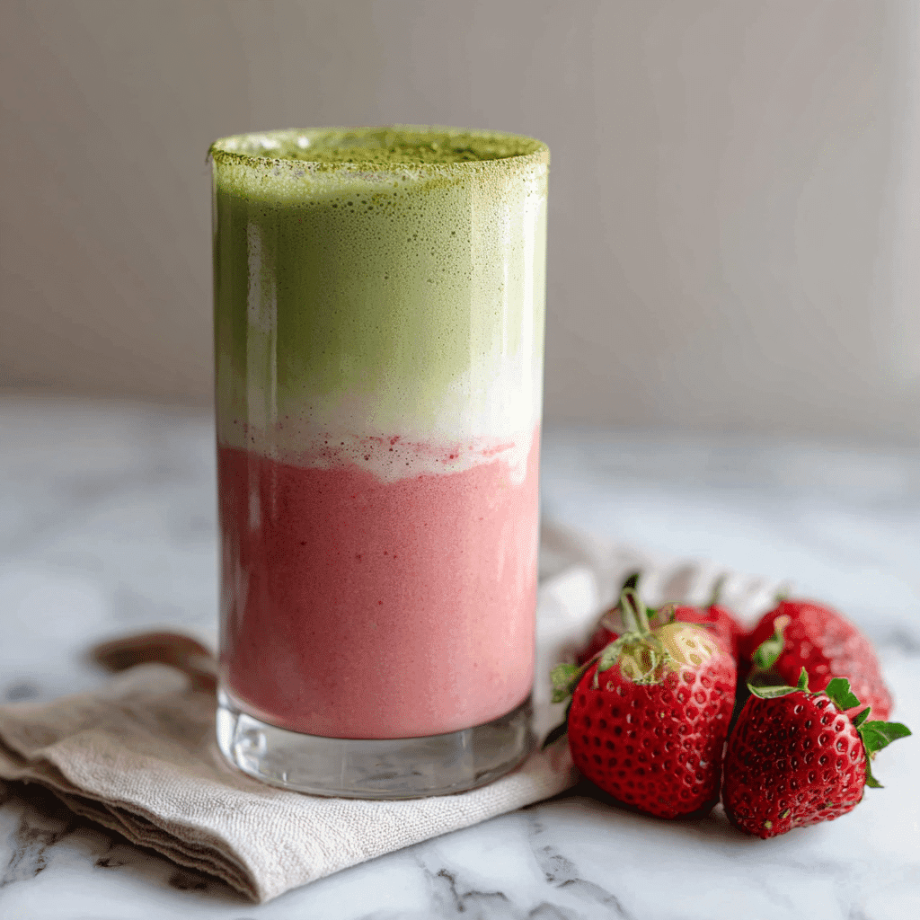 Strawberry Matcha Smoothie: Creamy, Energizing, and Easy to Make 6 Layered strawberry matcha smoothie in tall clear glass