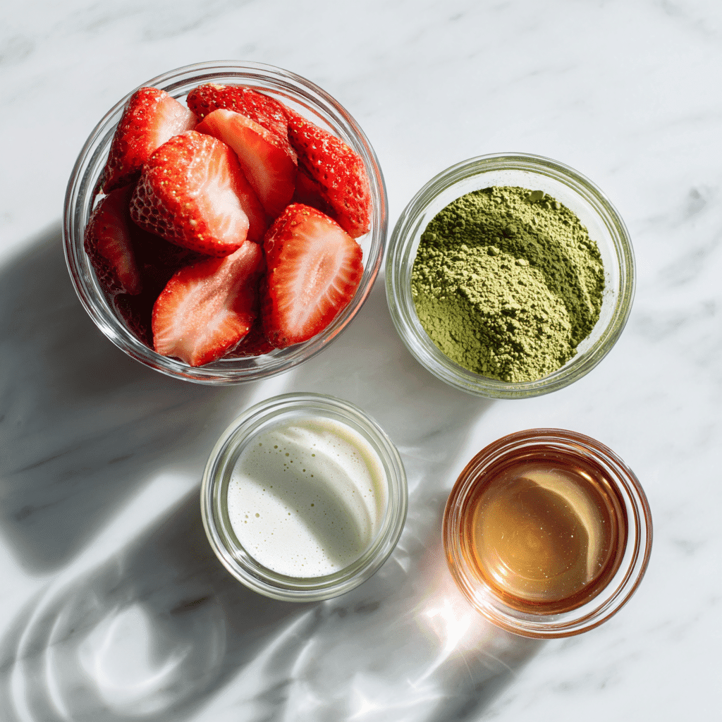 Strawberry Matcha Smoothie: Creamy, Energizing, and Easy to Make 4 Strawberry matcha smoothie ingredients in glass bowls