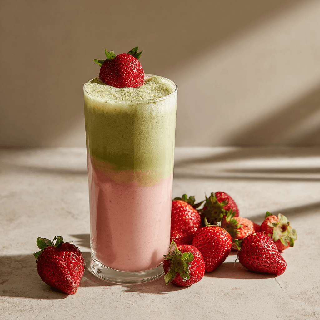Matcha Smoothie Recipes That Energize Your Day Naturally 4 Strawberry matcha smoothie in a clear glass with fresh garnish