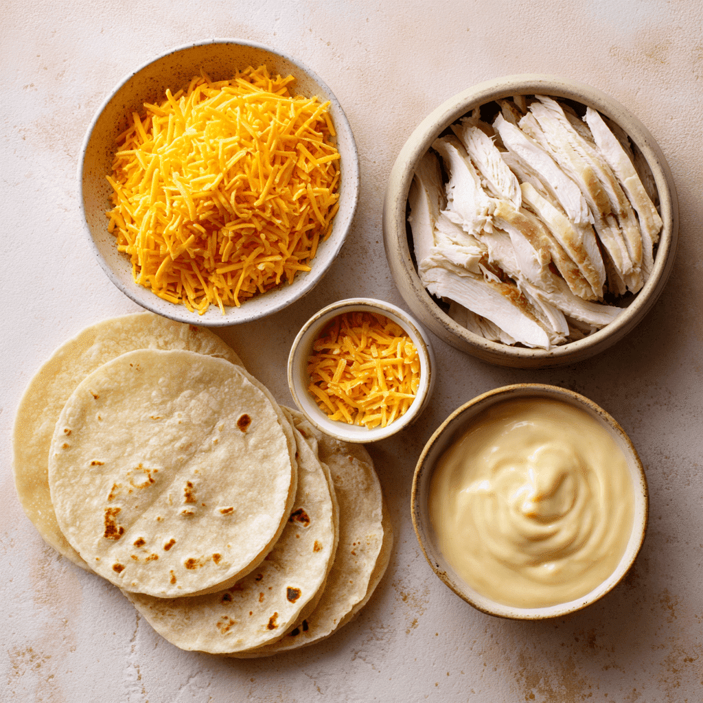 Taco Bell Chicken Quesadilla Recipe – Better Than Drive-Thru! 3 Taco Bell chicken quesadilla recipe ingredients arranged in small bowls
