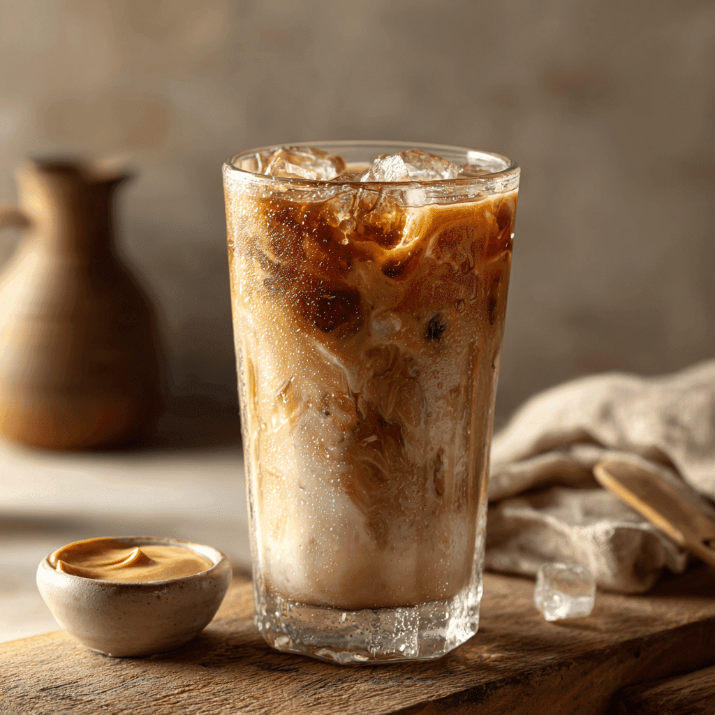 Glass of tahini iced coffee with sesame swirl
