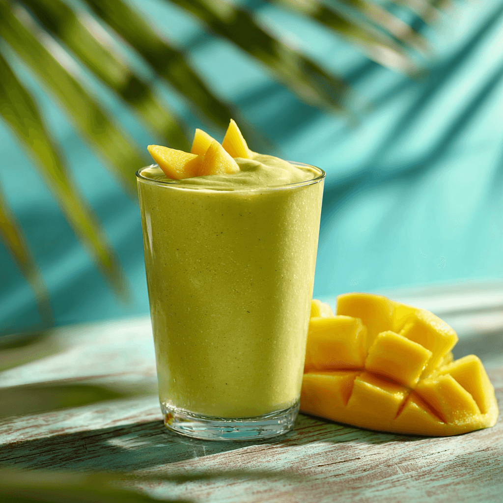 Matcha Smoothie Recipes That Energize Your Day Naturally 3 Tropical matcha mango smoothie in a clear glass with garnish