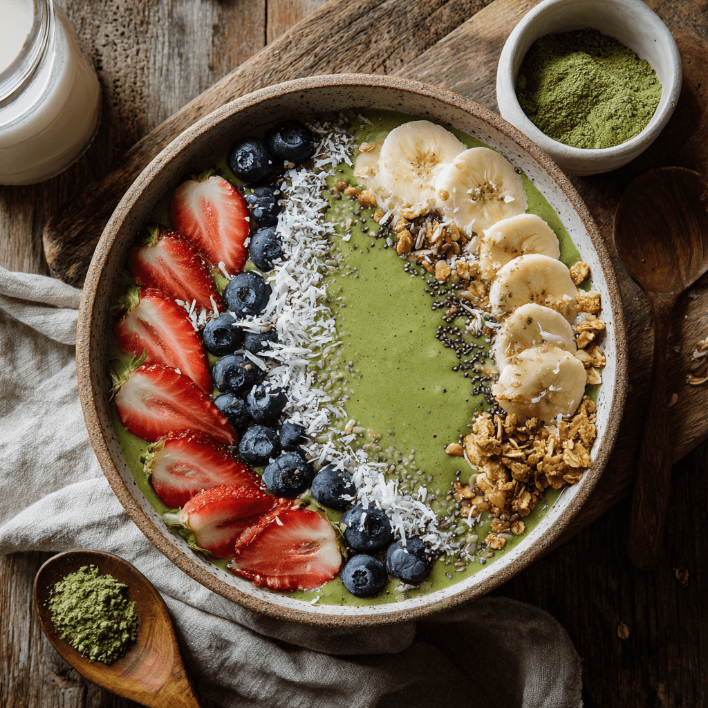 Matcha Smoothie Bowl: Energizing, Easy & Full of Flavor 3 top view of a matcha smoothie bowl with colorful healthy toppings