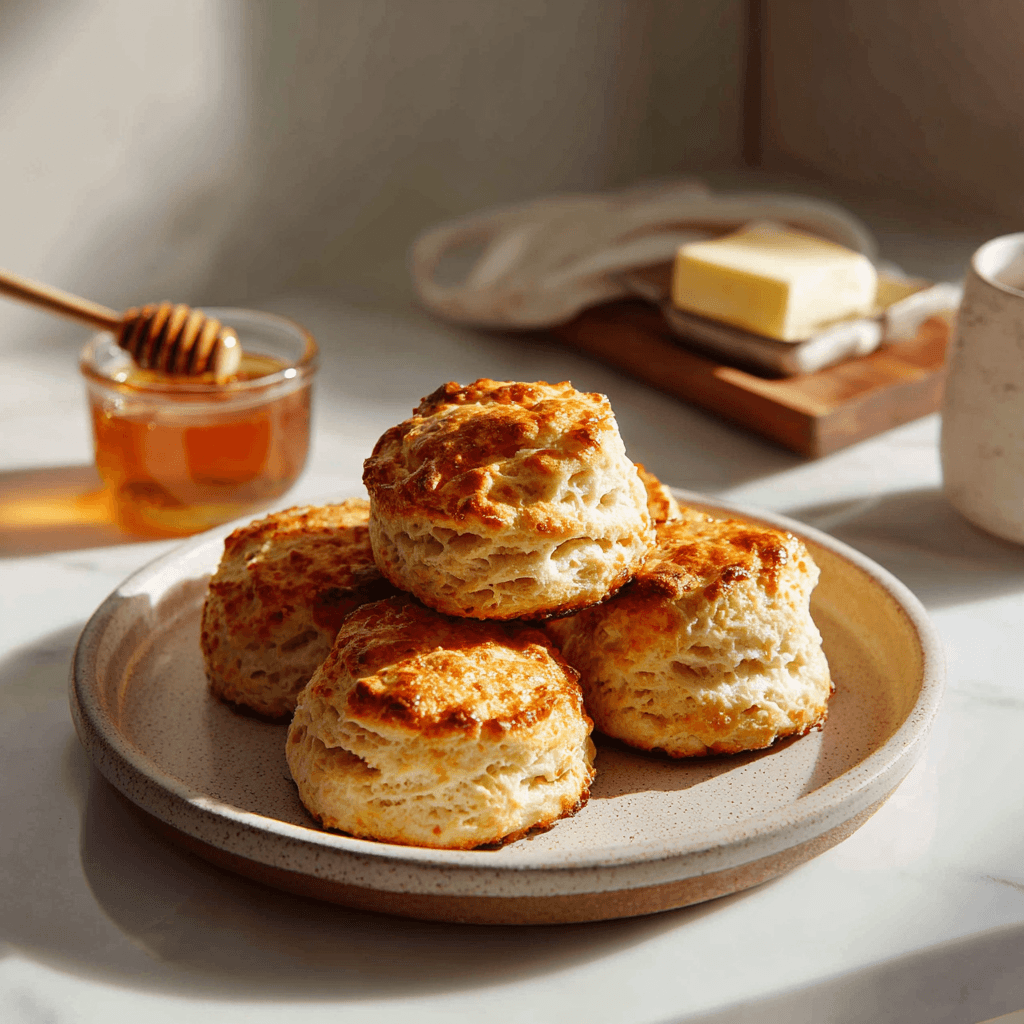 Air Fryer Biscuits: Easy Golden Perfection in Minutes 6 Flaky air fryer biscuits with butter and honey in a morning setting