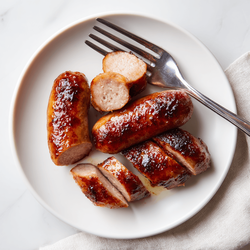 Air Fryer Brats: Juicy, Crispy Sausage Made Fast 5 Juicy sliced air fryer brats on a white plate with crispy edges