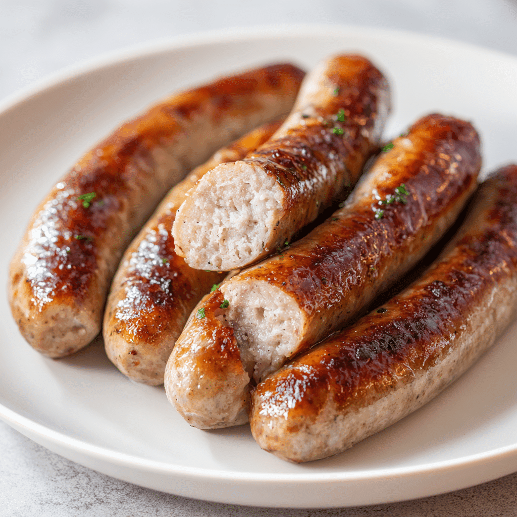 Air Fryer Brats: Juicy, Crispy Sausage Made Fast 6 Juicy air fryer brats with crispy skin on a white plate