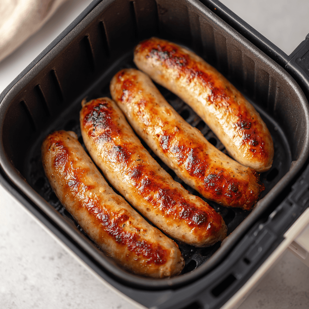 Air Fryer Brats: Juicy, Crispy Sausage Made Fast 2 Cooked air fryer brats with crispy skin in an air fryer basket