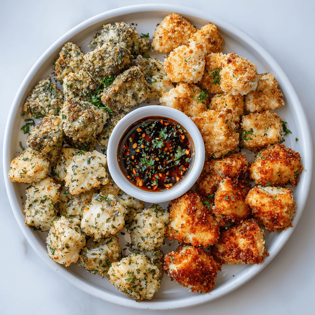 Air Fryer Chicken Bites: Crispy, Juicy, and Ready in Minutes 4 Three variations of air fryer chicken bites—classic herb, spicy buffalo, and kid-friendly panko—on a white plate
