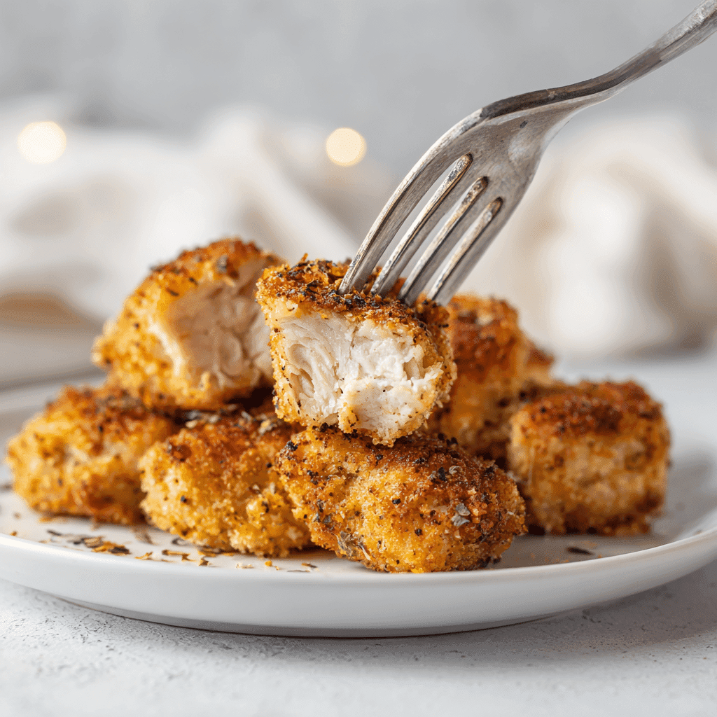 Air Fryer Chicken Bites: Crispy, Juicy, and Ready in Minutes 6 Final bite of crispy air fryer chicken bites on a white plate with a fork