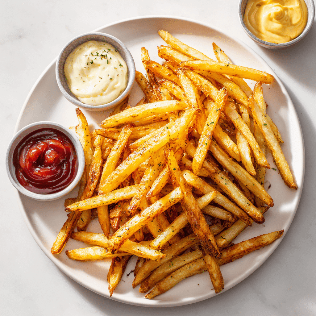 Air Fryer Frozen French Fries: Crispy Perfection in Minutes 6 Air fryer french fries with ketchup, garlic aioli, and spicy mayo dips