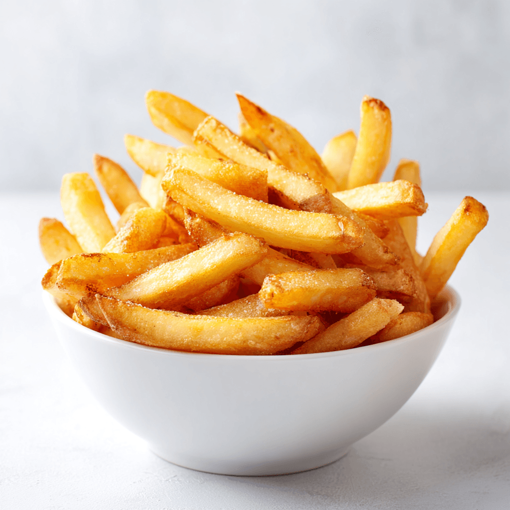 Crispy golden air fryer frozen french fries in a white bowl