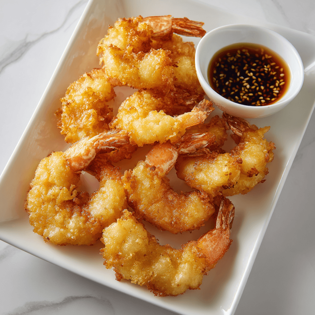 Air Fryer Frozen Shrimp Tempura (Crispy Every Time!) 5 Golden crispy air fryer frozen shrimp tempura with dipping sauce