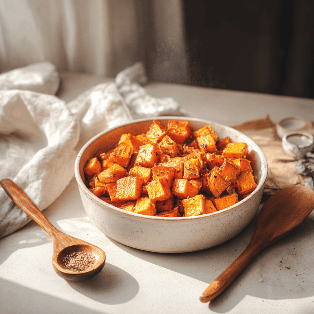 Air Fryer Roasted Sweet Potatoes: Crispy, Quick, Comforting 4 Final bowl of crispy roasted sweet potatoes with seasoning on the side
