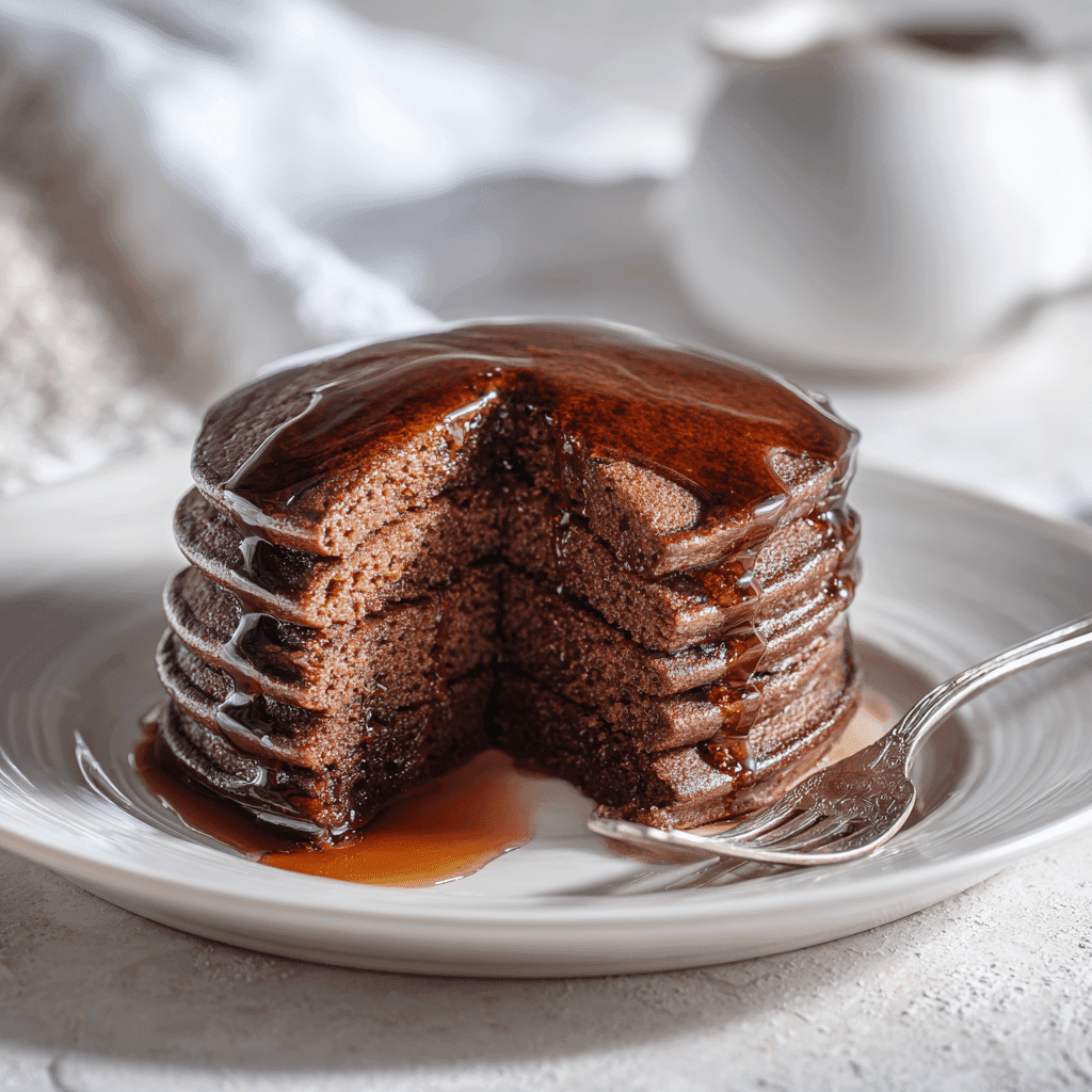 Chocolate Protein Powder Pancakes – Easy, Fluffy, High-Protein Stack 3 Moist and fluffy chocolate protein pancakes stacked on a white plate