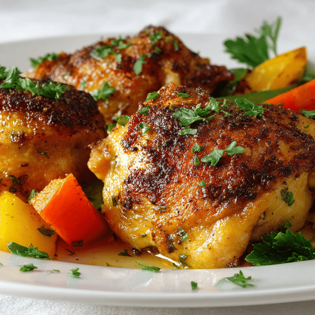 Baked Boneless Chicken Thighs: Juicy, Easy, and Full of Flavor 7 golden baked boneless chicken thighs with roasted vegetables on a white plate