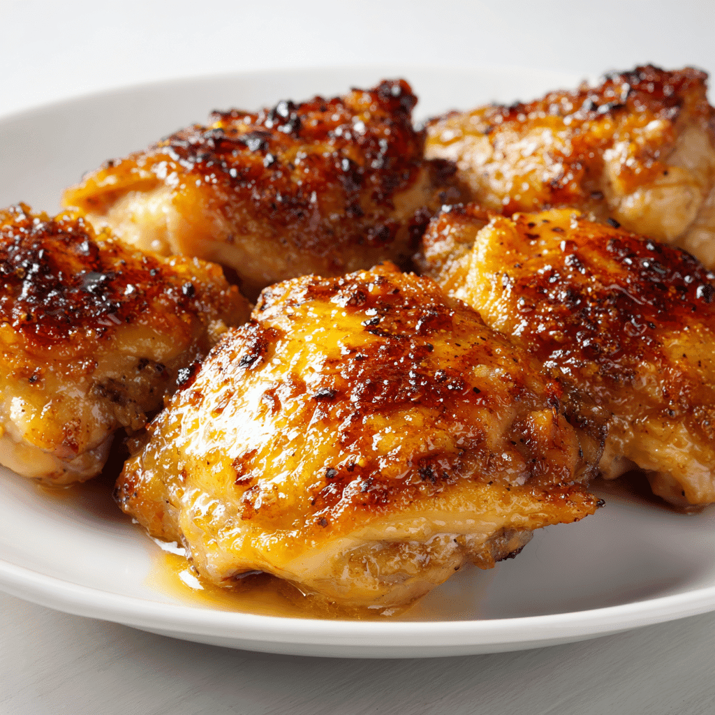 baked boneless chicken thighs on a white plate with golden brown crisp edges