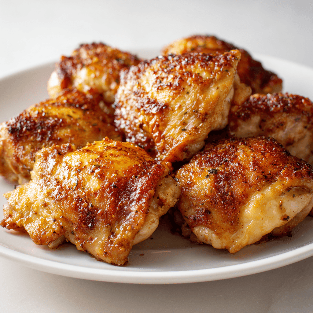 Baked Boneless Chicken Thighs: Juicy, Easy, and Full of Flavor 4 perfectly baked boneless chicken thighs with golden brown edges on a white plate