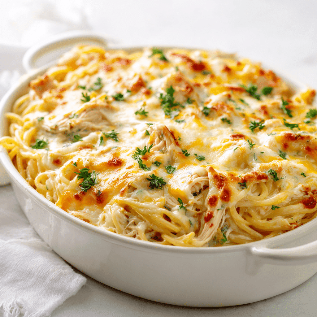 Baked Chicken Spaghetti Recipe for the Ultimate Comfort Meal 1 Baked chicken spaghetti recipe in a white casserole dish with golden cheese topping