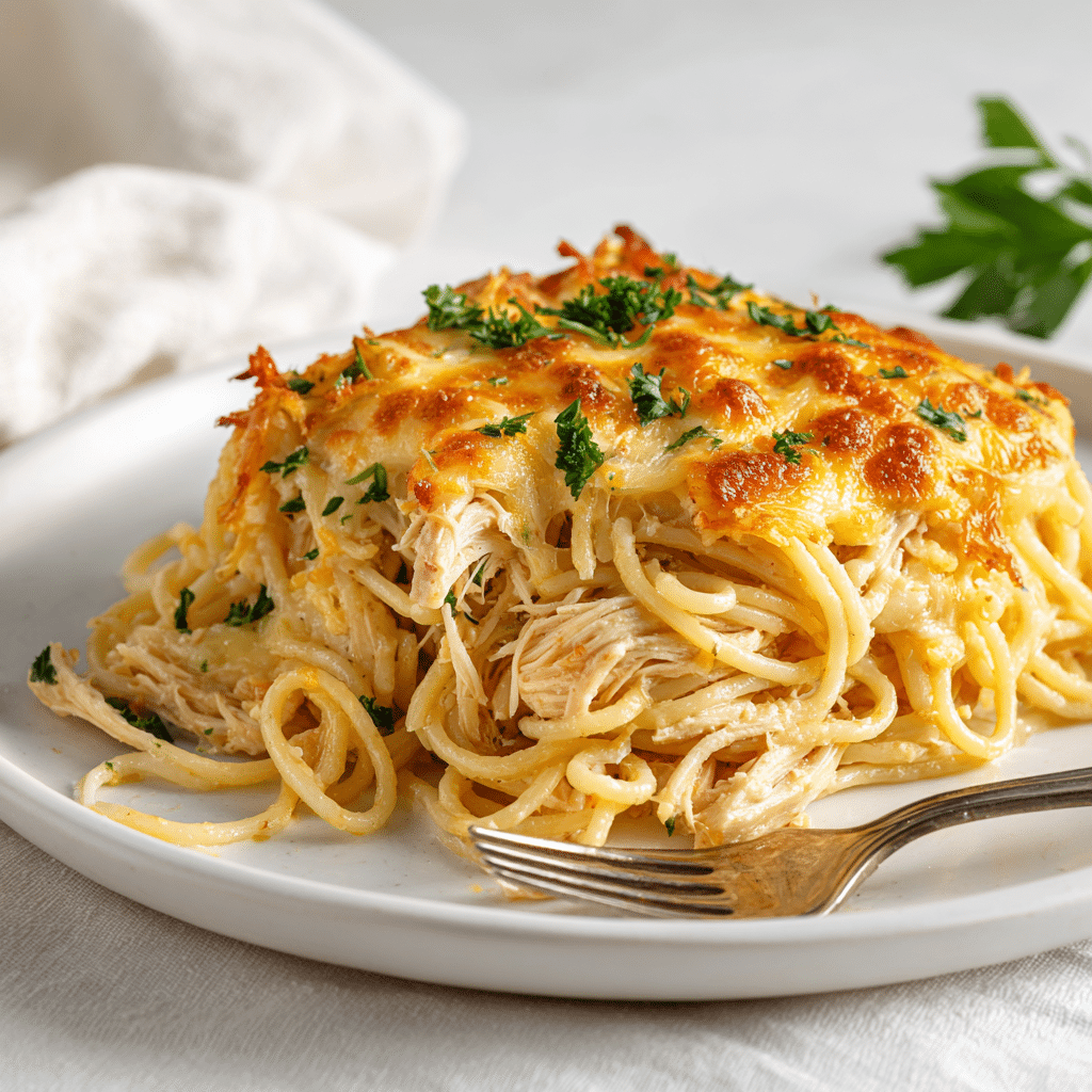 Baked Chicken Spaghetti Recipe for the Ultimate Comfort Meal 7 Final plate of baked chicken spaghetti with golden cheese and creamy sauce