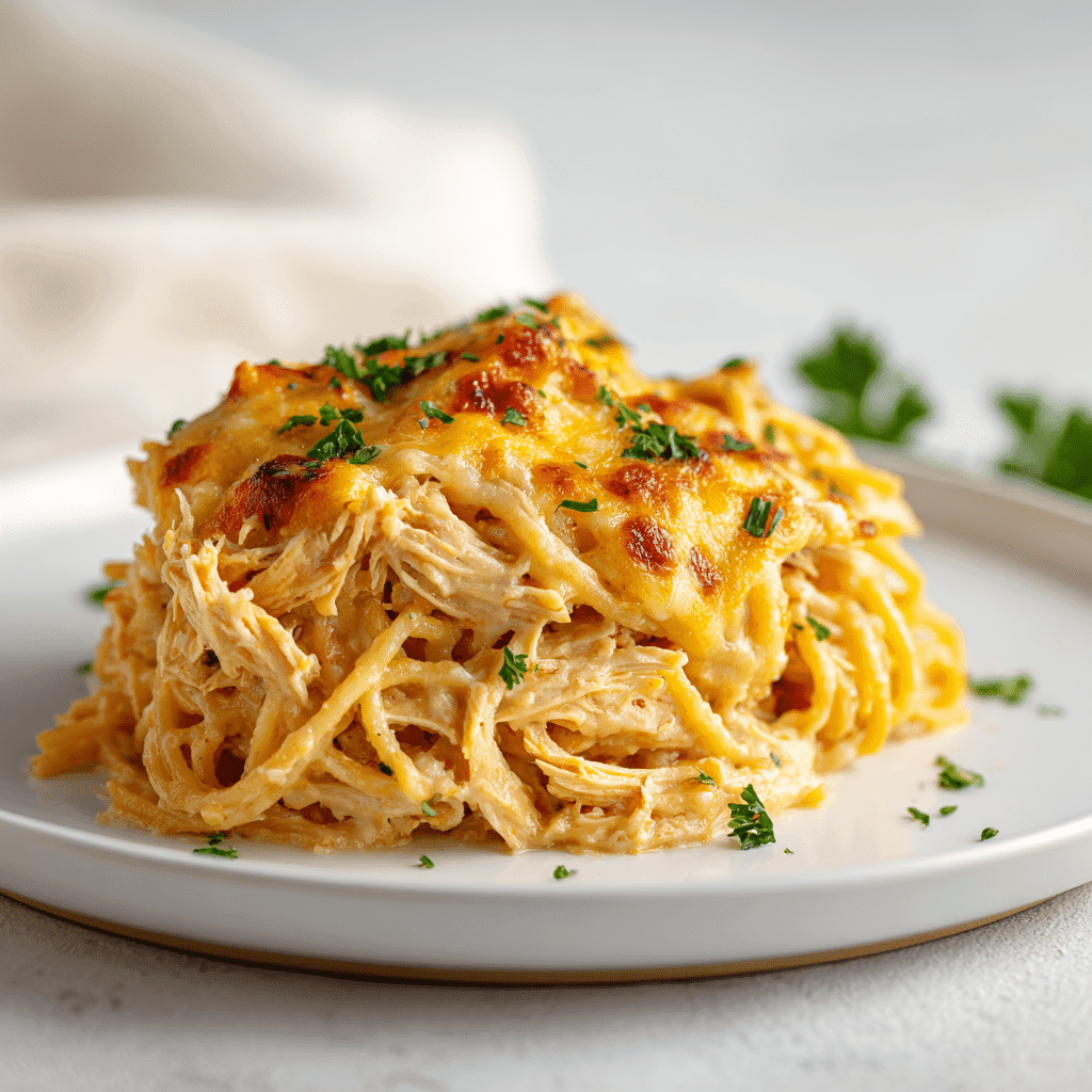 Baked Chicken Spaghetti Recipe for the Ultimate Comfort Meal 3 Plated baked chicken spaghetti with creamy sauce and golden cheese