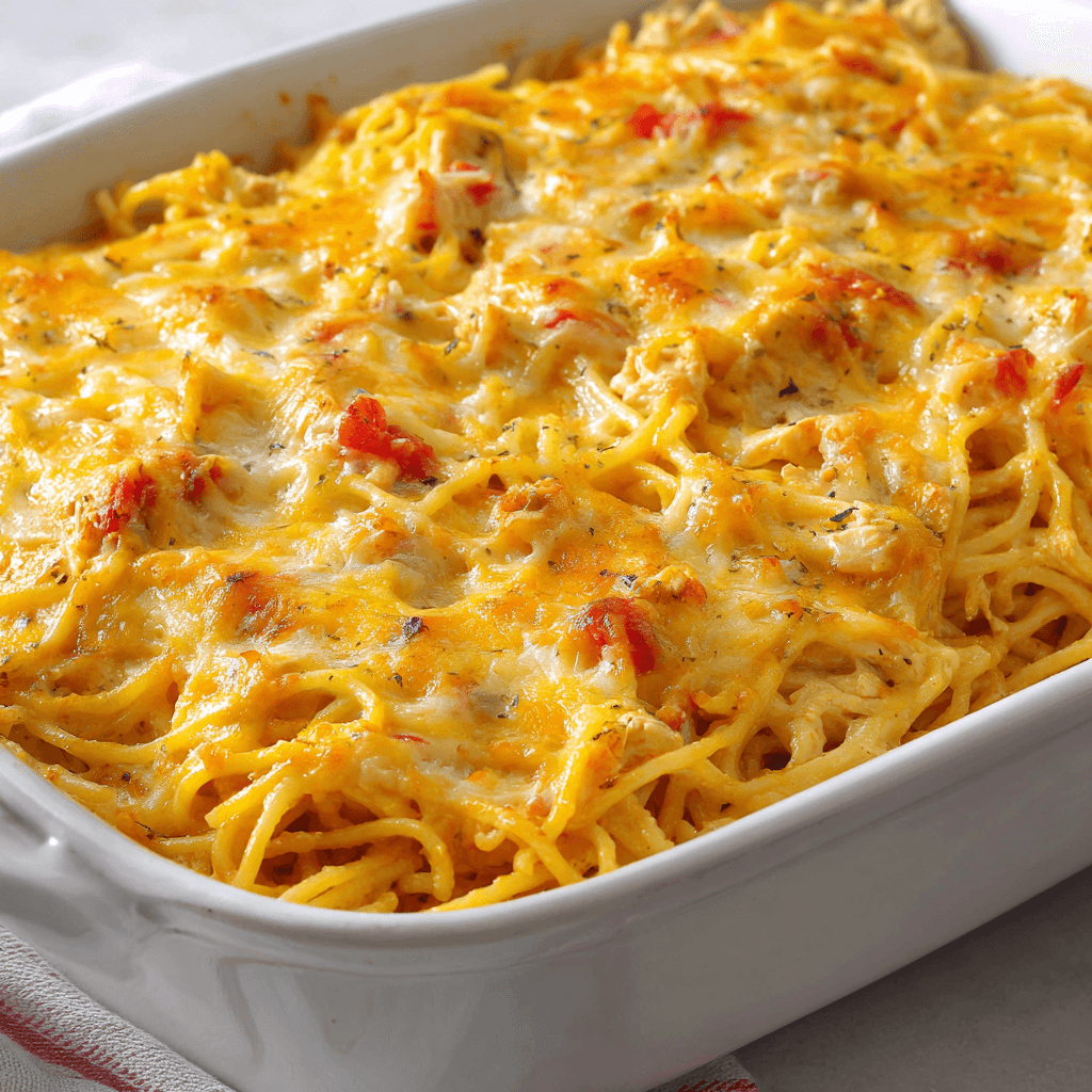 Ultimate Chicken Spaghetti - Easy To Make ! 5 Baked chicken spaghetti with golden cheesy top and visible Rotel tomatoes