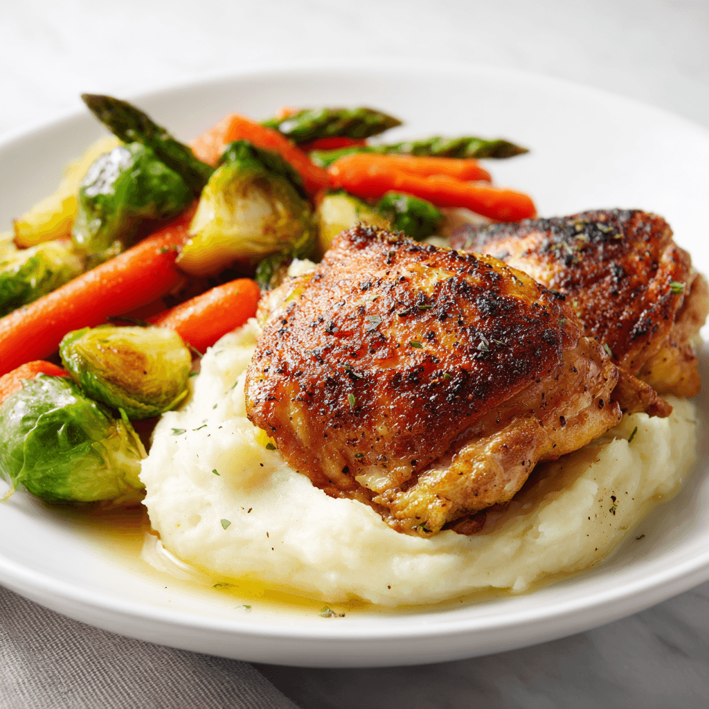 Baked Boneless Chicken Thighs: Juicy, Easy, and Full of Flavor 5 baked boneless chicken thighs with mashed potatoes and roasted vegetables on a white plate
