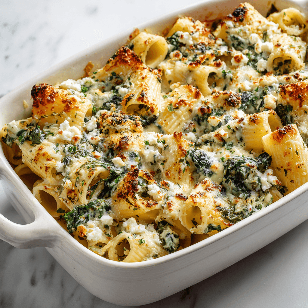 Baked spanakopita pasta with greens and feta in a white dish on a white background