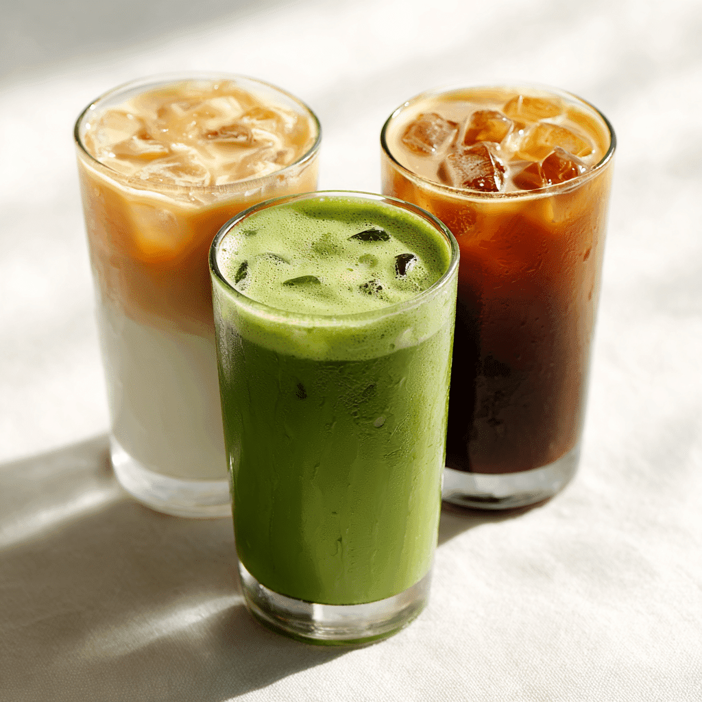 Matcha Cold Foam – Creamy, Refreshing, and Easy to Make 4 trio of iced drinks topped with creamy matcha cold foam on white background