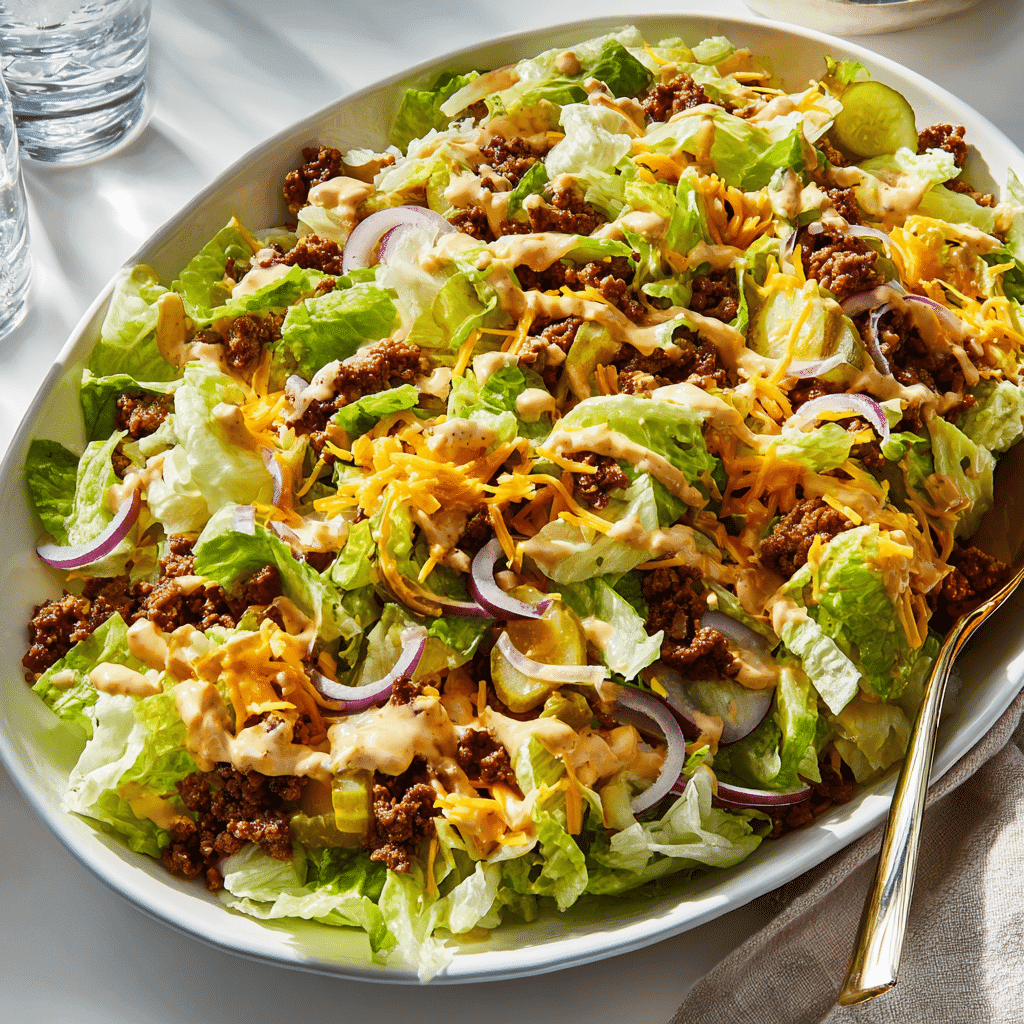 Big Mac Salad – Fresh Low-Carb Twist on a Fast-Food Favorite 6 platter of Big Mac Salad with fresh toppings and sauce ready for sharing