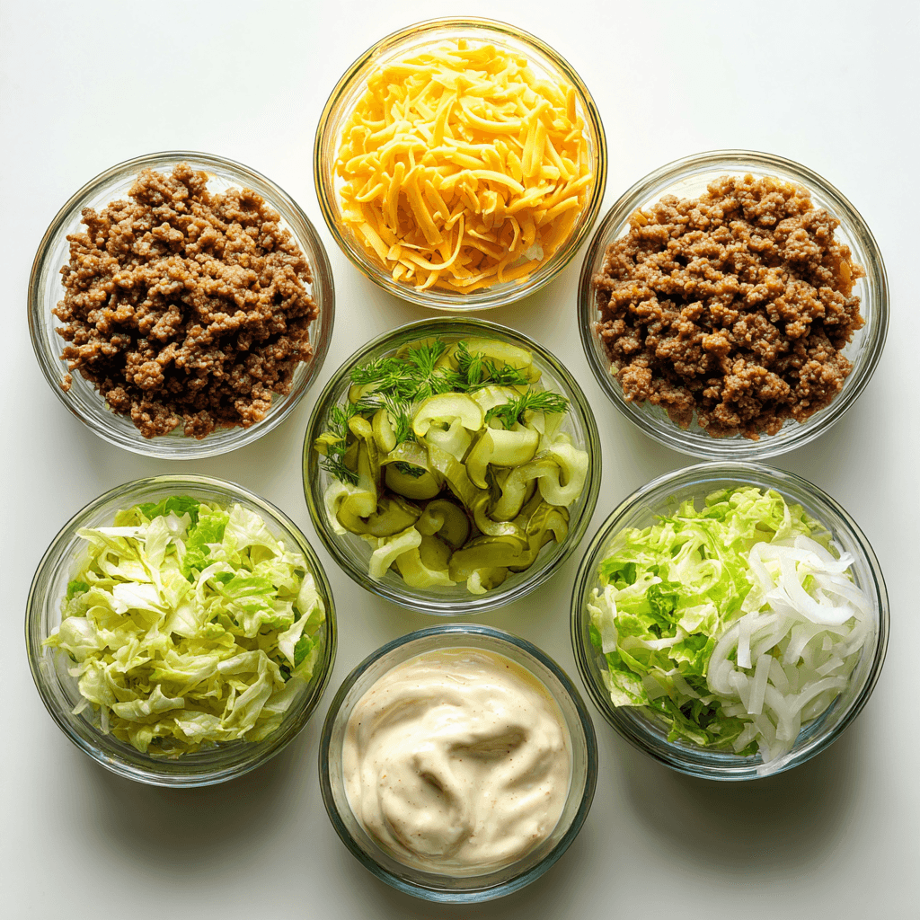 Big Mac Salad – Fresh Low-Carb Twist on a Fast-Food Favorite 4 overhead photo of Big Mac Salad ingredients in glass bowls on white background