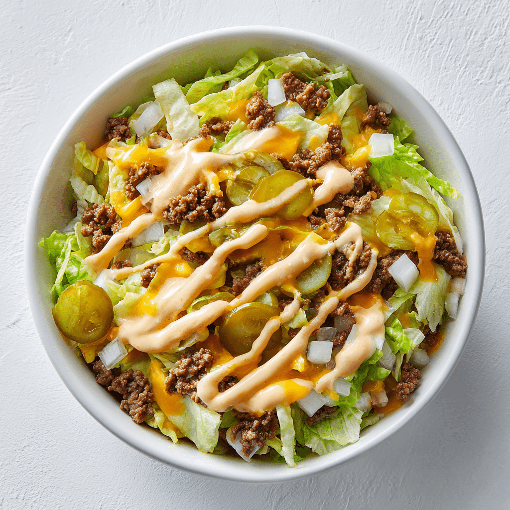 Big Mac Salad – Fresh Low-Carb Twist on a Fast-Food Favorite 5 served bowl of Big Mac Salad with lettuce, beef, cheese, pickles, onions, and sauce