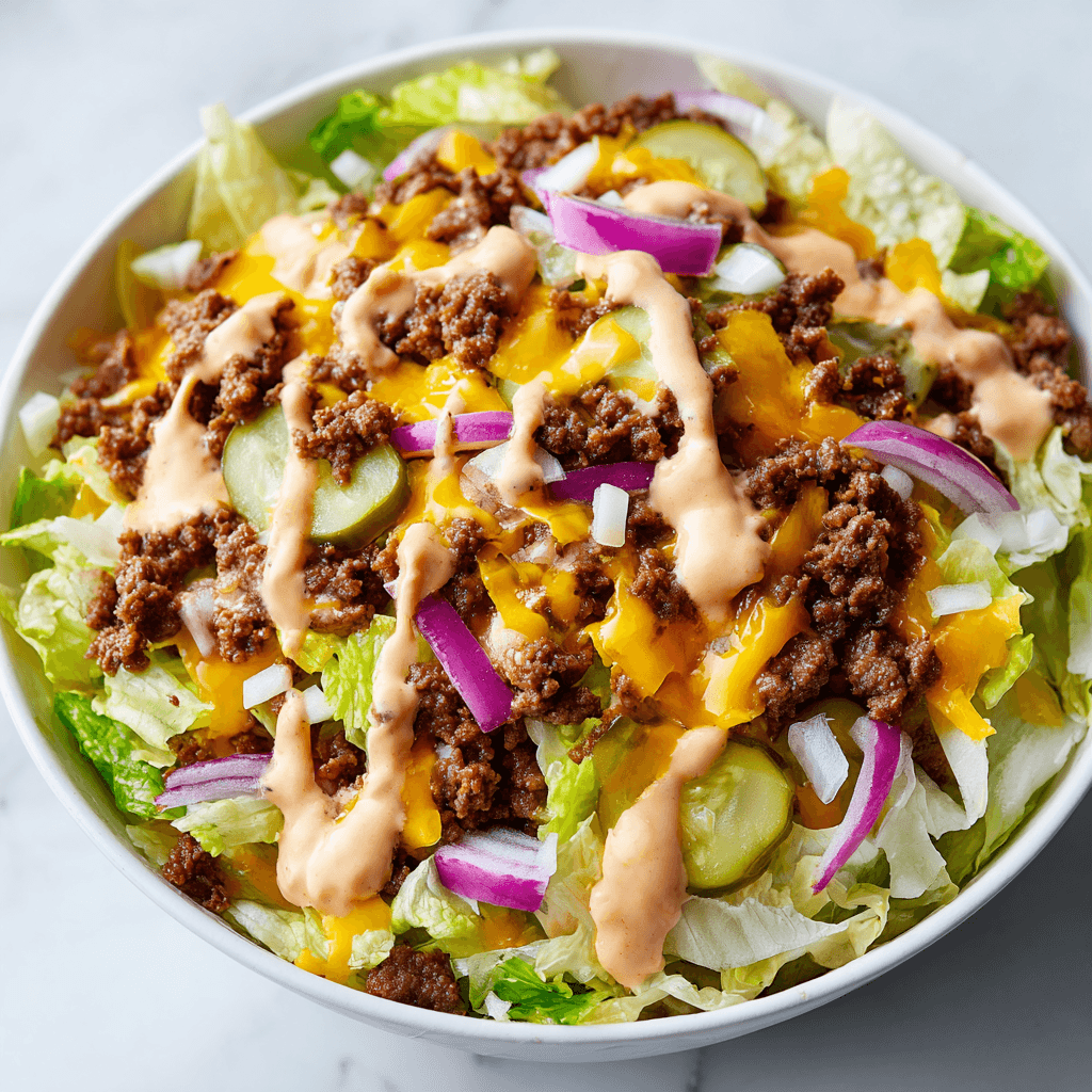 Big Mac Salad – Fresh Low-Carb Twist on a Fast-Food Favorite 3 close-up Big Mac Salad in a white bowl with lettuce, beef, cheese, pickles, onions, and sauce