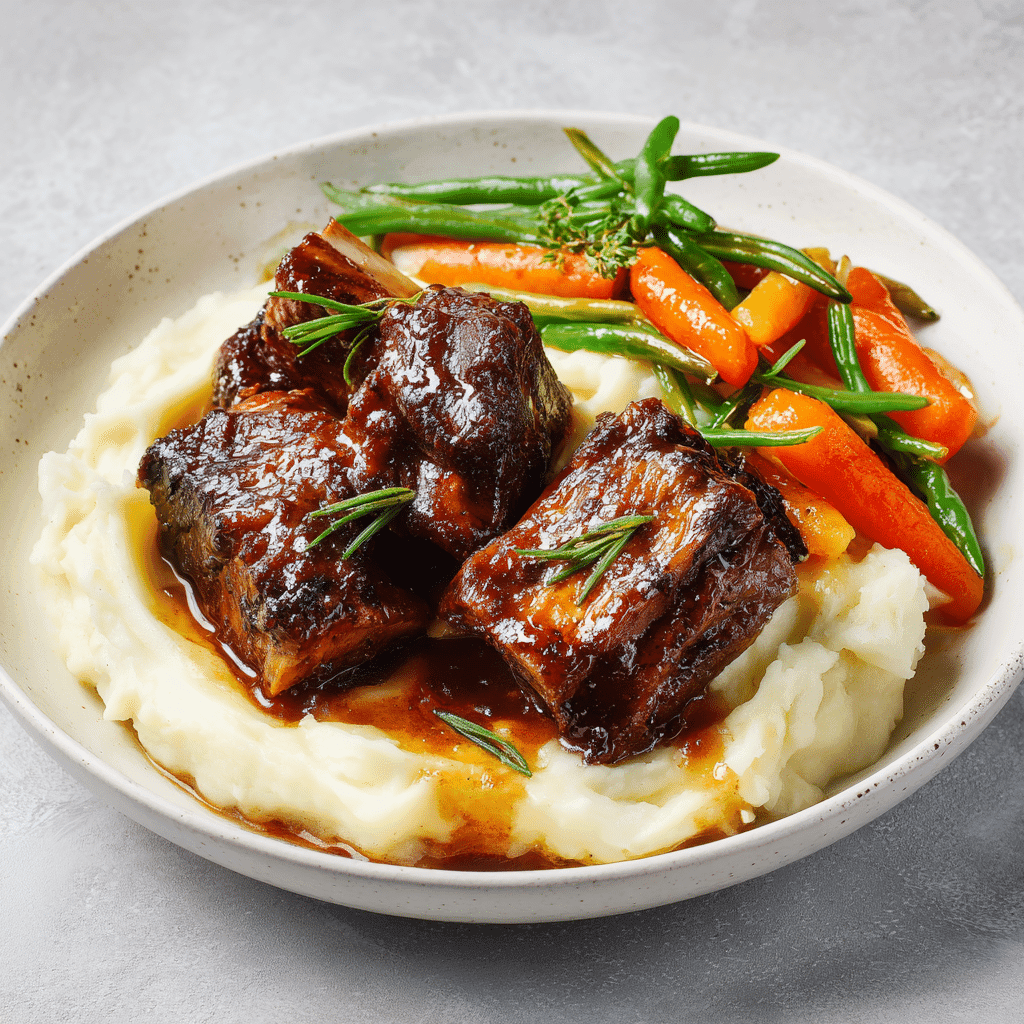 Boneless Beef Ribs Recipe: Fall-Apart Tender, Oven-Baked Perfection 5 Boneless beef ribs served with mashed potatoes and vegetables