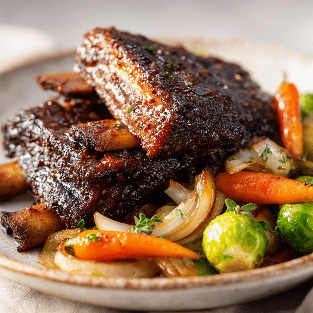 Boneless Beef Ribs Recipe: Fall-Apart Tender, Oven-Baked Perfection 3 Boneless beef ribs with sautéed vegetables on a white plate