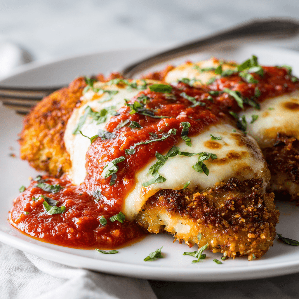 Chicken Parmesan with Spaghetti: Crispy, Cheesy, Classic Comfort 4 Crispy breaded chicken parmesan with melted cheese and marinara on a white plate.