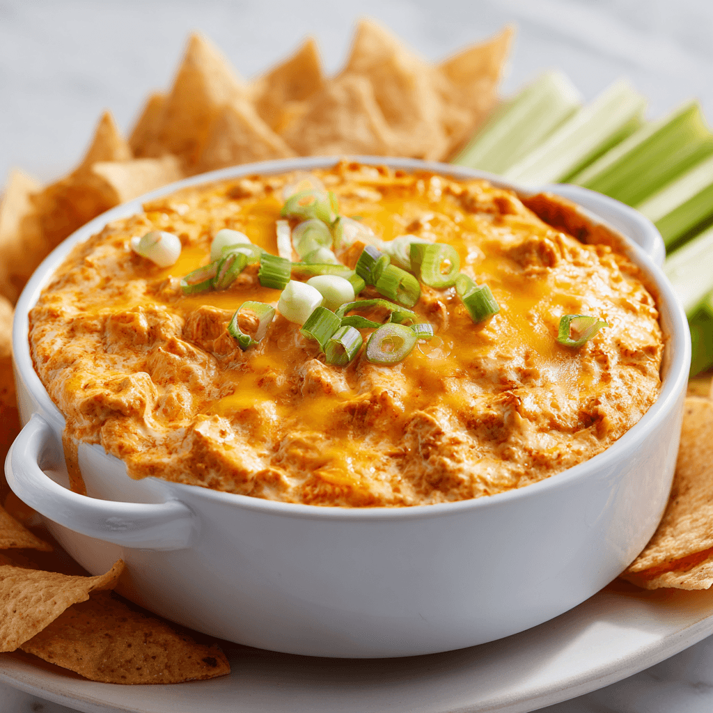 Buffalo Chicken Dip Crock Pot – Easy, Creamy & Crowd-Pleasing 1 creamy Buffalo Chicken Dip Crock Pot in a white bowl with chips and celery for dipping